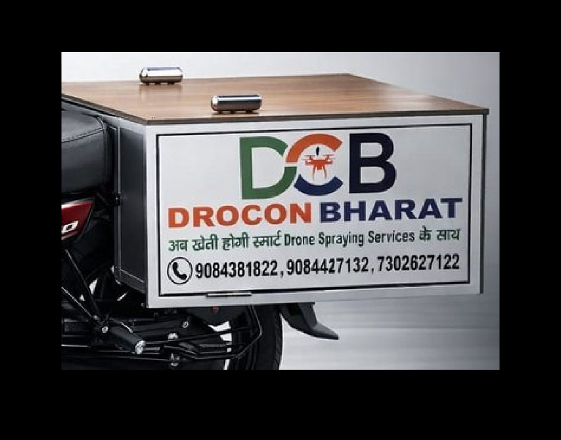 Drone Saarthi — customised stainless-steel carry box mounted on a motorcycle